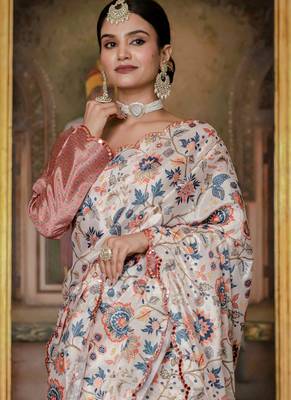 multi color chinon silk blend floral printed ready to wear saree with mirror work border 3