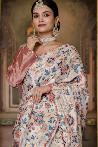 multi color chinon silk blend floral printed ready to wear saree with mirror work border