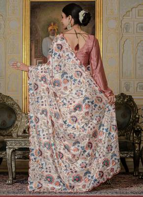 multi color chinon silk blend floral printed ready to wear saree with mirror work border 4