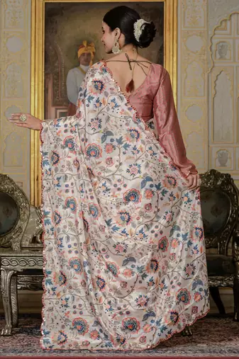 multi color chinon silk blend floral printed ready to wear saree with mirror work border