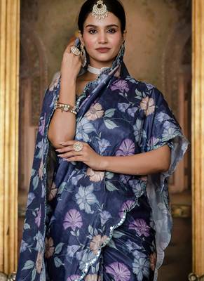 multi color chinon silk blend floral printed ready to wear saree with mirror work border 1