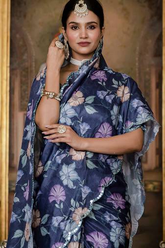 multi color chinon silk blend floral printed ready to wear saree with mirror work border