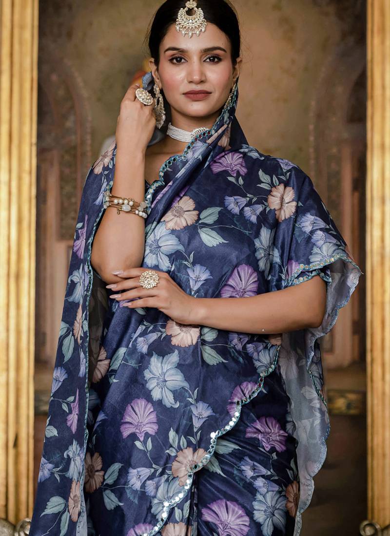multi color chinon silk blend floral printed ready to wear saree with mirror work border