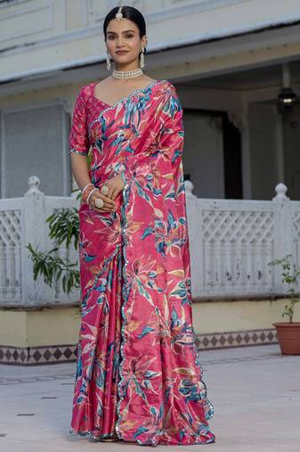 multi color chinon silk blend floral printed ready to wear saree with mirror work border
