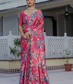 multi color chinon silk blend floral printed ready to wear saree with mirror work border
