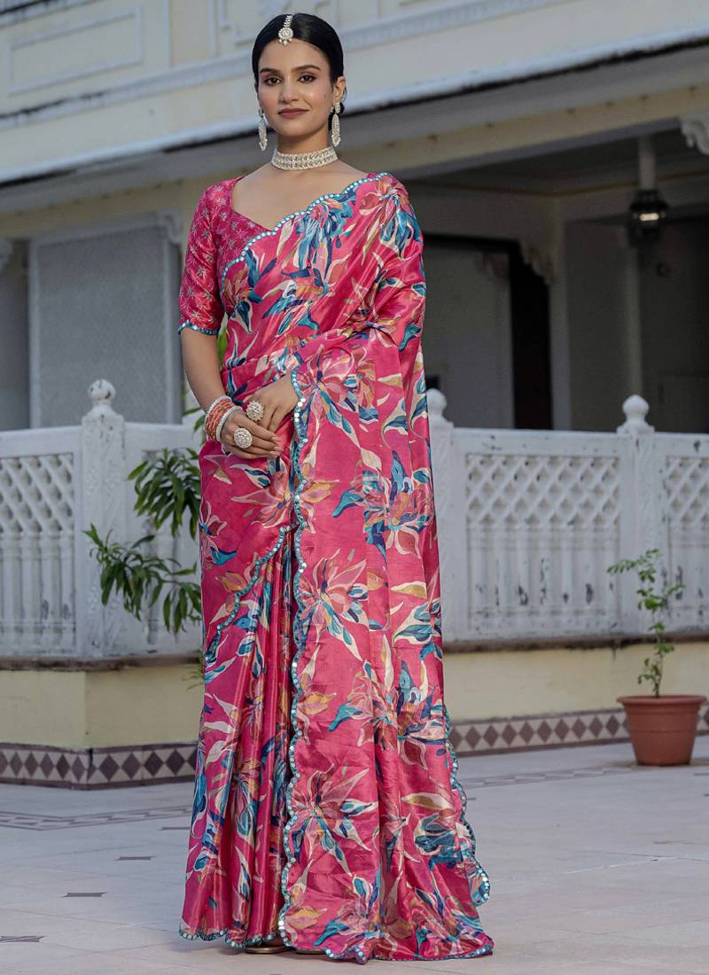 multi color chinon silk blend floral printed ready to wear saree with mirror work border