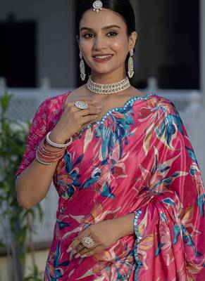 multi color chinon silk blend floral printed ready to wear saree with mirror work border 2