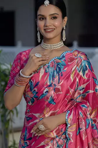 multi color chinon silk blend floral printed ready to wear saree with mirror work border