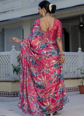 multi color chinon silk blend floral printed ready to wear saree with mirror work border 3