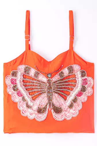woven sleeveless placement embroidered top with printed lehenga-orange & green