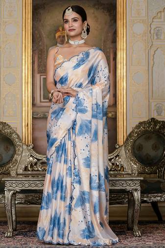 multi color chinon silk blend floral printed ready to wear saree with mirror work border