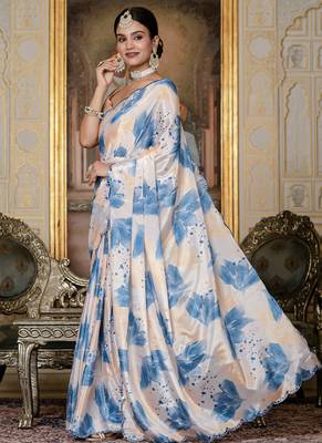 multi color chinon silk blend floral printed ready to wear saree with mirror work border 2