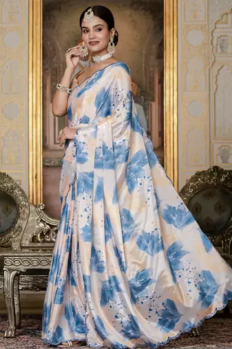 multi color chinon silk blend floral printed ready to wear saree with mirror work border