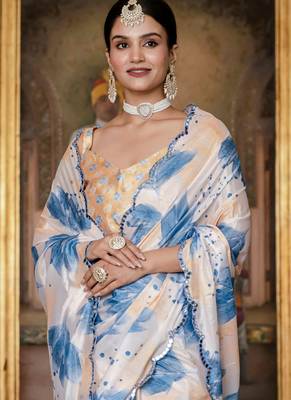 multi color chinon silk blend floral printed ready to wear saree with mirror work border 3