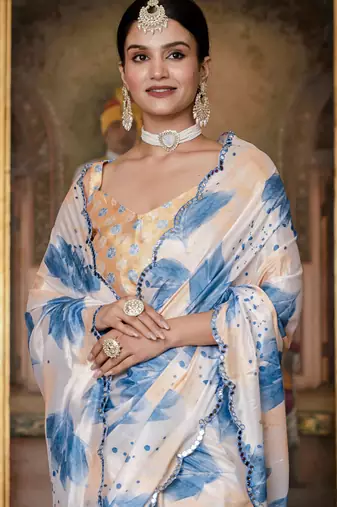 multi color chinon silk blend floral printed ready to wear saree with mirror work border