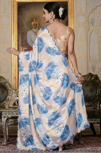 multi color chinon silk blend floral printed ready to wear saree with mirror work border