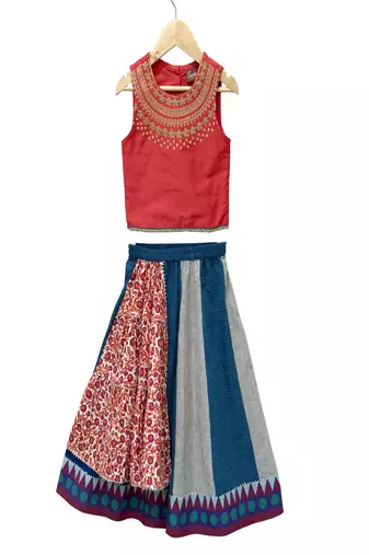 woven sleeveless embroidered top with cotton printed lehenga-red & blue