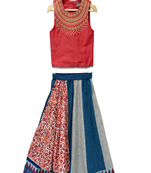 woven sleeveless embroidered top with cotton printed lehenga-red & blue