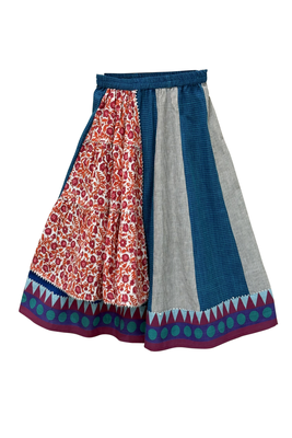 woven sleeveless embroidered top with cotton printed lehenga-red & blue 2