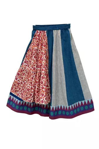 woven sleeveless embroidered top with cotton printed lehenga-red & blue