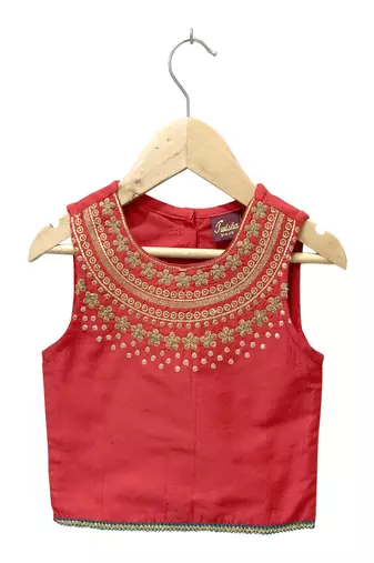 woven sleeveless embroidered top with cotton printed lehenga-red & blue
