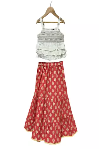 woven sleeveless embellished top with printed sharara-white & red