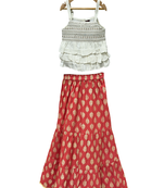 woven sleeveless embellished top with printed sharara-white & red
