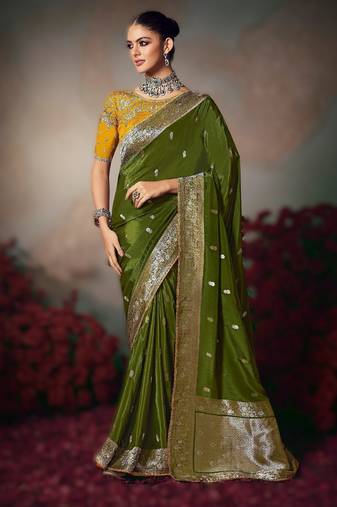 mehendi wonderful designer chiniya silk blend saree catalog with heavy embroidered blouse