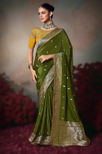 mehendi wonderful designer chiniya silk blend saree catalog with heavy embroidered blouse