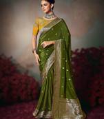 mehendi wonderful designer chiniya silk blend saree catalog with heavy embroidered blouse