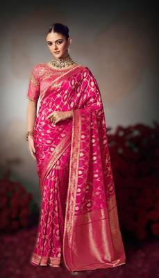 pink wonderful chiniya silk blend saree catalog with embroidered blouse 1