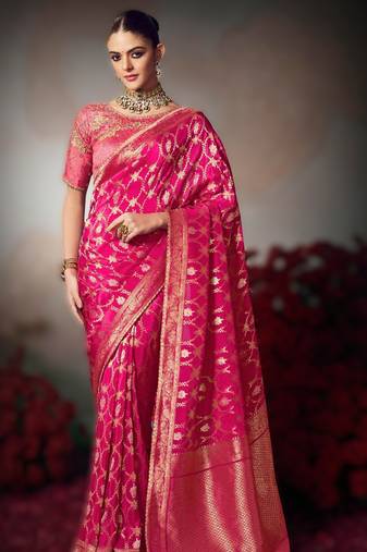 pink wonderful designer chiniya silk blend saree catalog with heavy embroidered blouse