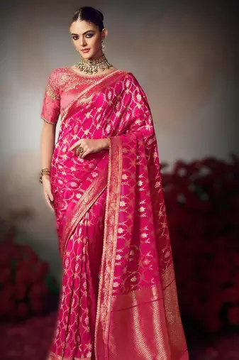 pink wonderful designer chiniya silk blend saree catalog with heavy embroidered blouse