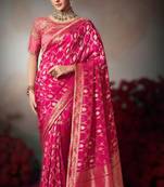 pink wonderful designer chiniya silk blend saree catalog with heavy embroidered blouse