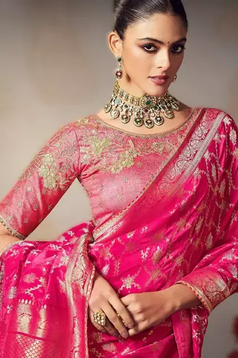 pink wonderful chiniya silk blend saree catalog with embroidered blouse