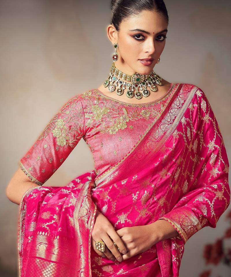 pink wonderful designer chiniya silk blend saree catalog with heavy embroidered blouse