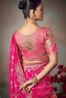 pink wonderful chiniya silk blend saree catalog with embroidered blouse 3