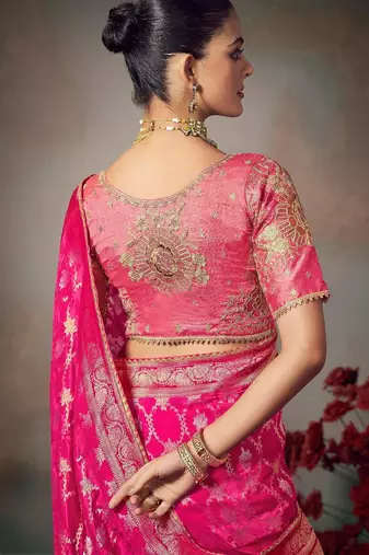 pink wonderful chiniya silk blend saree catalog with embroidered blouse
