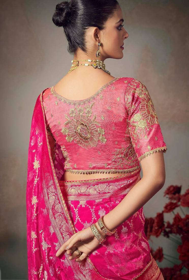 pink wonderful designer chiniya silk blend saree catalog with heavy embroidered blouse