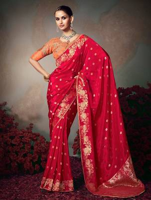 red wonderful chiniya silk blend saree catalog with embroidered blouse 1