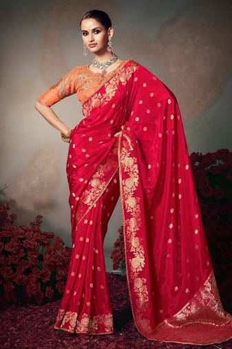 red wonderful designer chiniya silk blend saree catalog with heavy embroidered blouse