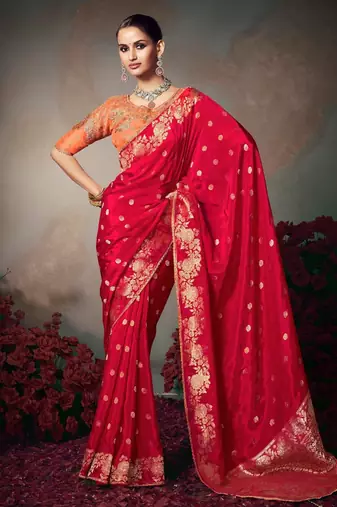 red wonderful designer chiniya silk blend saree catalog with heavy embroidered blouse