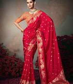 red wonderful designer chiniya silk blend saree catalog with heavy embroidered blouse