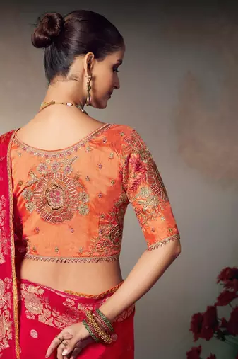 red wonderful chiniya silk blend saree catalog with embroidered blouse