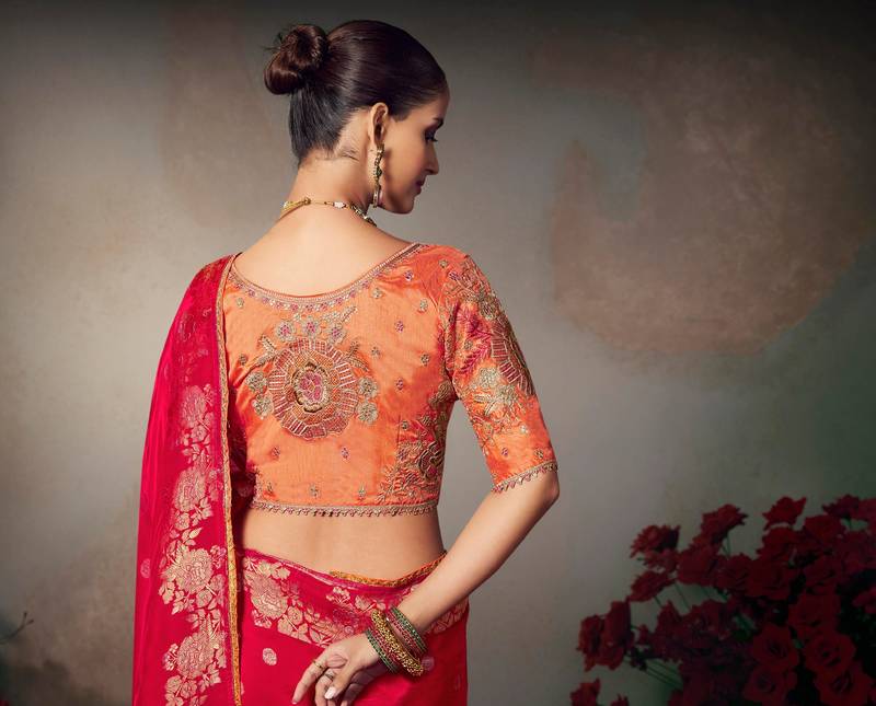 red wonderful designer chiniya silk blend saree catalog with heavy embroidered blouse