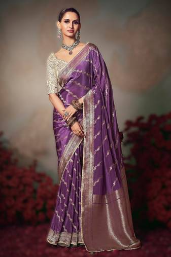violet wonderful designer chiniya silk blend saree catalog with heavy embroidered blouse