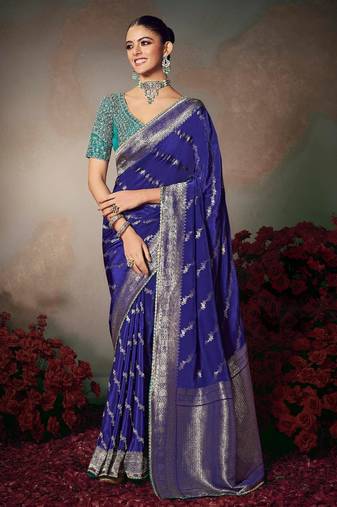 navy blue wonderful designer chiniya silk blend saree catalog with heavy embroidered blouse