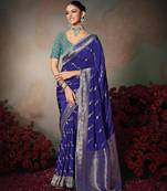 navy blue wonderful designer chiniya silk blend saree catalog with heavy embroidered blouse