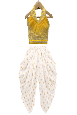 woven sleeveless all over embroidered top with printed dhoti-yellow & white 1