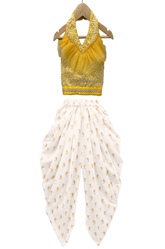 woven sleeveless all over embroidered top with printed dhoti-yellow & white